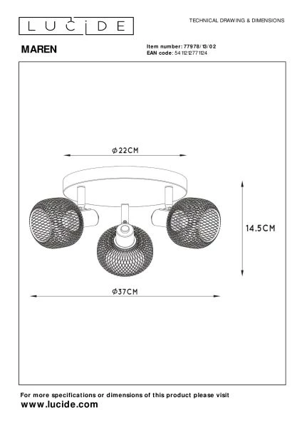 Lucide MAREN - Ceiling spotlight - Ø 37 cm - 3xE14 - Matt Gold / Brass - technical